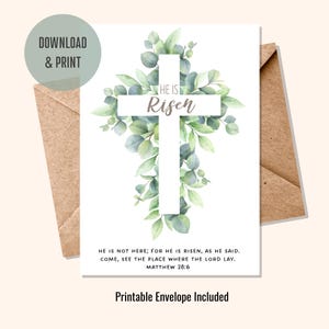 Afdrukbare sjabloon paaswenskaart (5 x 7 inch) | Hij is verrezen Bijbeltekst | Religieuze lentegroetkaart | Envelopsjabloon inbegrepen