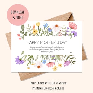 Modelo de cartão para o Dia das Mães (13,7 x 18,7 cm) para impressão | Cartão de felicitações religioso | Modelo de envelope incluso | Estética de flores de jardim floral