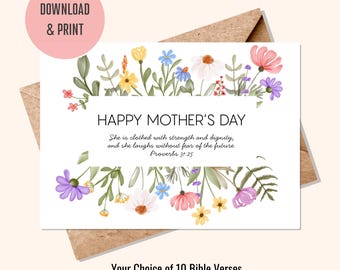 Modelo de cartão para o Dia das Mães para imprimir (12,7 x 17,8 cm) | Cartão religioso | Modelo de envelope incluído | Estética floral de jardim