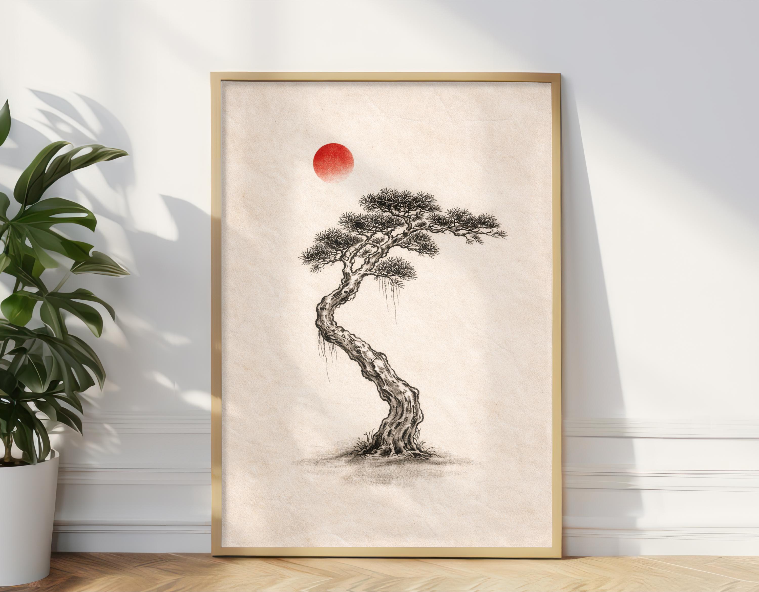 Japanese Ink Tree Poster, Wabi Sabi Bonsai Wall Art Print With Red Sun ...