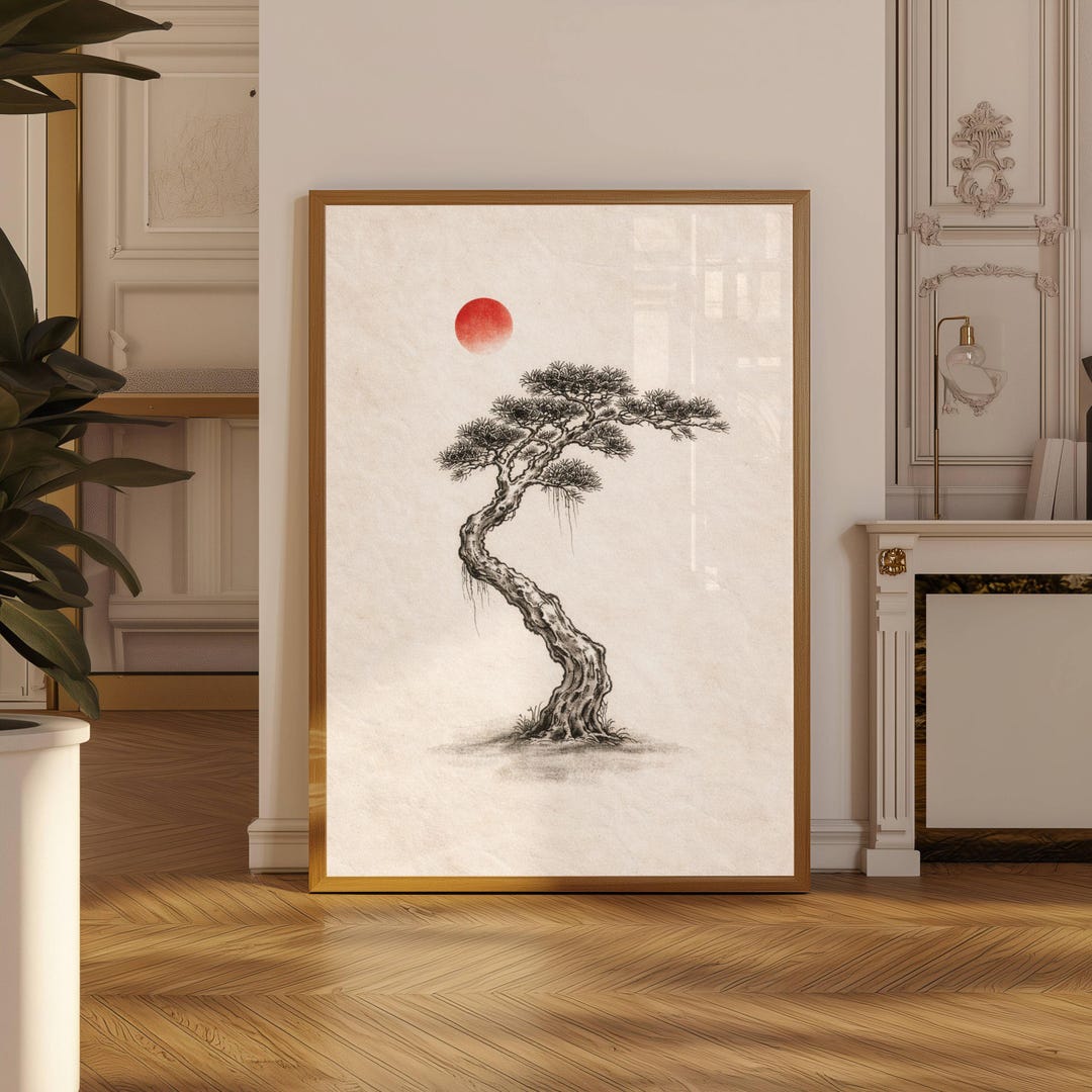 Japanese Ink Tree Poster, Wabi Sabi Bonsai Wall Art Print With Red Sun ...