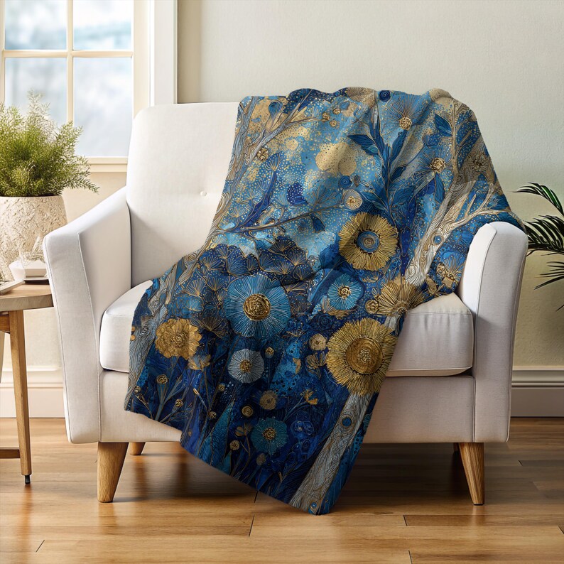 Maximalist Botanical Throw, Artistic Cozy Home Decor, Blue Gold Floral ...
