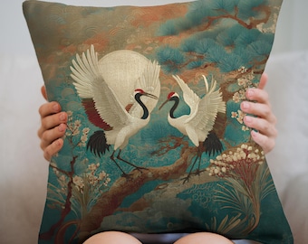 Teal And Gold Bird Cushion, Elegant Home Decor, Moonlit Crane Pillow