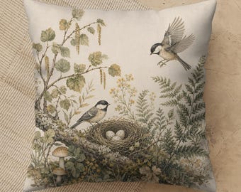 Chickadee Pillow Cover, Neutral Bird Nest, Sage Woodland Botanical Cottage Living Room Sofa Decor