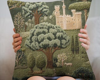 Medieval Castle Throw Pillow Cover: Vintage Storybook Cottagecore Decor