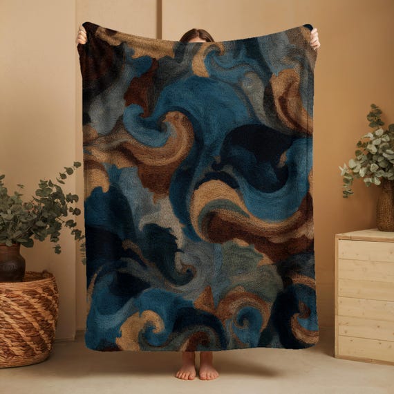 Abstract Swirl Sherpa Blanket: Dark Blue Brown Boho Fleece Throw