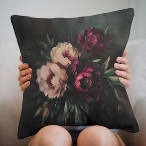 Moody Peony Pillow Cover: Gothic Floral Throw Pillow, Dark Academia Decor