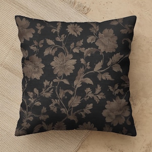 Vintage Floral Throw Pillow Cover: Dark Brown Botanical Accent Cushion