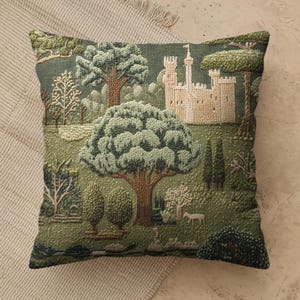 May include: A square throw pillow featuring a detailed woven tapestry design of a landscape. The scene depicts a light-colored stone castle surrounded by various green trees, shrubs, and a small animal in a forest setting with a dark green background.