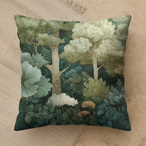 Woodland Forest Pillow Cover , Green Botanical Cushion Case, Tree Foliage Throw Pillow, Nature Living Room Decor, Fern Garden Oasis