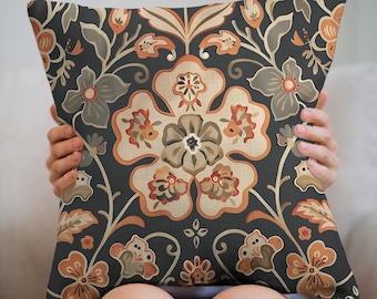 Burnt Orange Floral Throw Pillow: Art Nouveau Cottagecore Decor