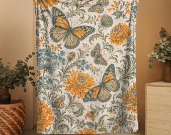 Butterfly Garden Blanket, Sage Orange Wildflowers, Cheerful Cottage Bedroom Throw With Birds And Botanical Vines
