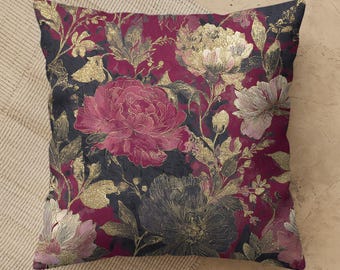 Dark Floral Throw Pillow, Burgundy Gold Victorian Peony Cushion