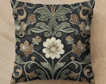 William Morris Decorative Pillow, Floral Cushion Botanical Dark Green Vintage Home Decor