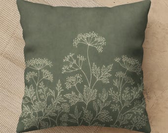 Funda de almohada verde salvia, siluetas de flores silvestres blancas, decoración minimalista botánica para sofá de dormitorio, estilo rústico tranquilo.