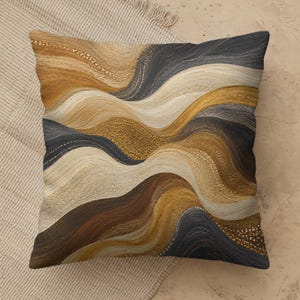 Gold Black Abstract Pillow Cover, Flowing Wave Line Design, Cream Brown Charcoal Cushion Accent, Modern Luxe Neutral Sofa Decor Style