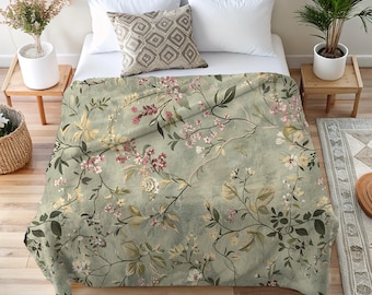 Sage Green Floral Throw Blanket, Romantic Botanical Blanket, Vintage Cottage Decor