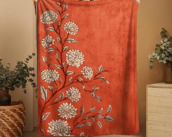 Terracotta Floral Blanket Vintage Inspired Throw | Bohemian Botanical Sherpa Fleece Cozy Maximalist Home Decor