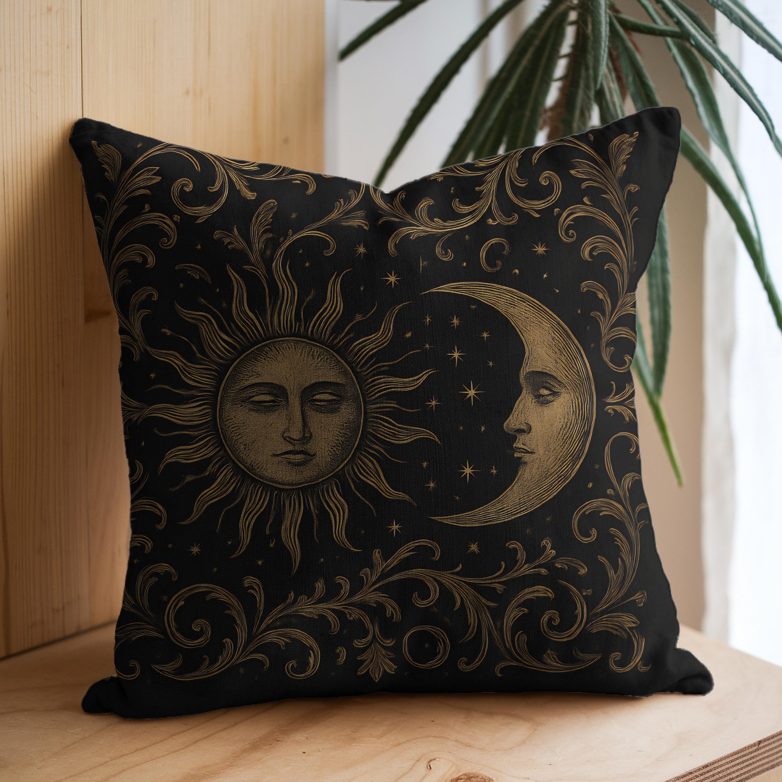 Celestial Sun and Moon Pillow Cover: Boho Astrology Faux Suede Cushion