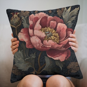 Dark Floral Peony Pillow: Vintage Botanical Art Accent Cushion