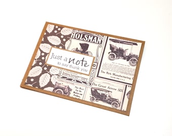 Thank You Note with Vintage Automobile Ad and Leaves - Just a Note to Say Thank You/Thank You Greeting Card/Car Stationery