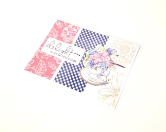 Any Occasion Greeting Card with Cup & Saucer - Delight in the Little Things/Encouragement Card with Flowers and Bird in Teacup
