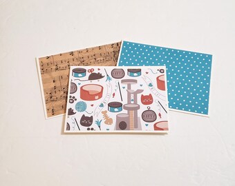 Patterned Note Cards/Note Card Set/Cat Themed Notecard Set/Cat Stationery/Cat Cards/Any Occasion Cards/Set of Three Patterned Notecards