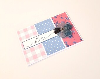 Hello Greeting Card - Hola/Thinking of You Card/Any Occasion Greeting Card/Hola/Pink and Blue Greeting Card with Blue Ombre Flower/Hello