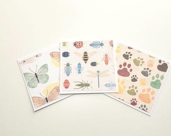 Set of Three Mini Notecards/Insect and Animal Themed Mini Notecards/Patterned Notecards/Lunchbox Notes/Notecard Set/Any Occasion Notecards