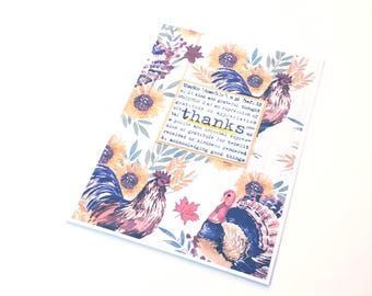 Handmade Thank You Greeting Card with Roosters Turkeys and Sunflowers - Thanks/Thank You Note/Gratitude Note/Sunflower Notecard/Rooster Card