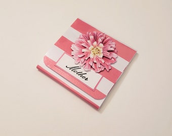 Pink and White Striped Sticky Notes Holder with Dimensional Flower - Mother/Sticky Notes Pad/Sticky Notes/Self-Stick Notes Pad/Mini Notepad