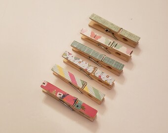 Set of Six Altered Decorative Wooden Clothespins/Clothespins/Laundry Clothespins/Clothespin Clips/Wooden Clothespins/Kitchen Storage Clips