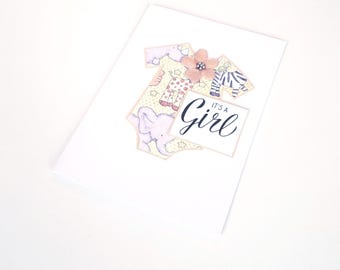 Baby Shower Greeting Card with Baby Body Suit - It's a Girl/New Baby Card/Pregnancy & Expectant Mother Card/Baby Bodysuit Greeting Card