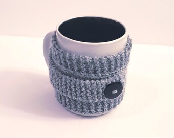 Gray Knitted Mug Cozy with Black Button/Gray Mug Cozy/Grey Mug Cozy/Knitted Mug Cozy/Gray Mug Sweater/Mug Sweater/Knitted Reusable Cup Cozy