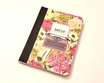 Pink Floral Mini Composition Journal with Pink Typewriter -Hello/Mini Composition Journal/Small Notepad/Pocket Notepad/Typewriter Stationery