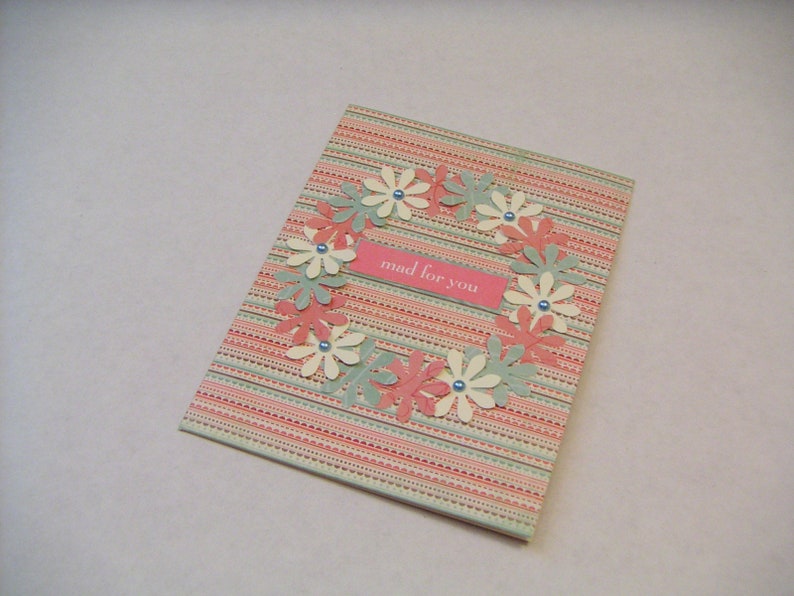 Handmade Any Occasion Greeting CardGreen Pink and Ivory Striped Notecard with Paper Flower WreathMad for You