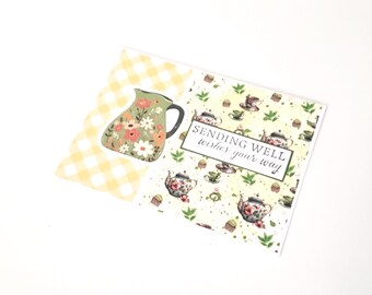 Get Well Greeting Card with Teapots and Teacups - Sending Well Wishes Your Way/Illness Recovery Card/Encouragement Card/Tea Stationery