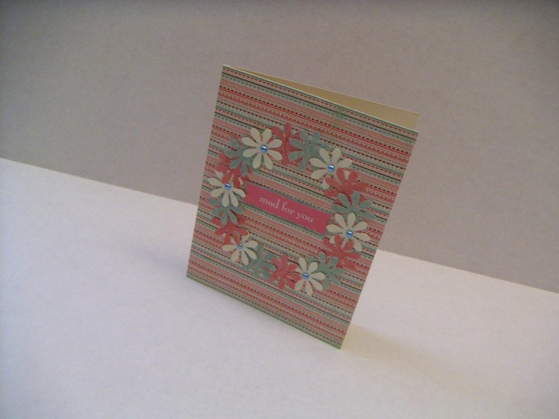 Handmade Any Occasion Greeting CardGreen Pink and Ivory Striped Notecard with Paper Flower WreathMad for You