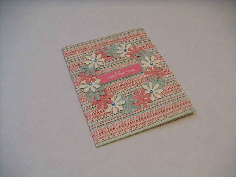 Handmade Any Occasion Greeting CardGreen Pink and Ivory Striped Notecard with Paper Flower WreathMad for You