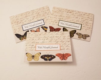 Set of 3 Thank You Cards - With Heartfelt Gratitude/Thank You Cards/Butterfly Note Cards/Patterned Note Cards/Butterfly Stationery/Notecards