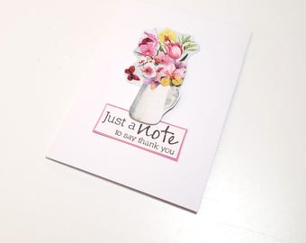 Thank You Card with Pink Flowers and Butterfly - Just a Note to Say Thank You/Gratitude Card/Thank You Note
