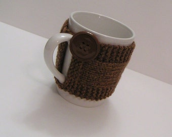 Brown Hand Knitted Mug Cozy with Large Brown Button - Gingerbread/Brown Knitted Mug Cozy - Gingerbread/Brown Knitted Mug Sweater/Mug Cozy