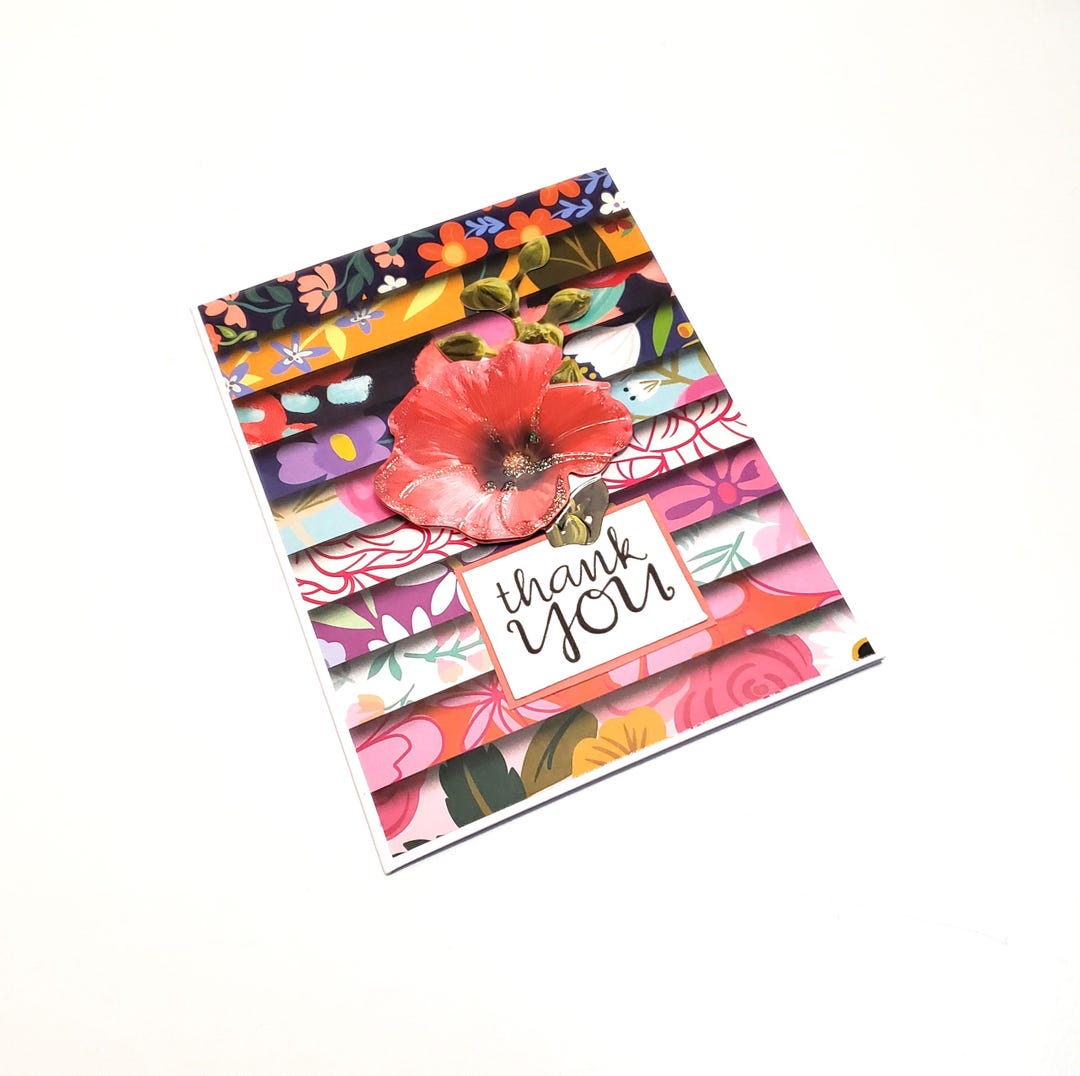 Colorful Floral Mosaic Greeting Card With Dark Pink Flower - Thank You ...