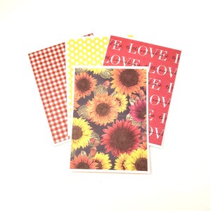 Set of Patterned Notecards/Any Occasion Notecards/Blank Notecards/Sunflower Cards/Gingham Notecards/Note Card Set/Red and Yellow Notecards