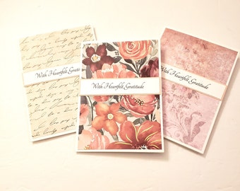 Thank You Greeting Card Set - With Heartfelt Gratitude/Notecard Set/Thank You Cards/Gratitude Notes/Floral Patterned Notecards/Blank Cards