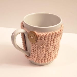 Pink Knitted Mug Cozy/Pink Mug Sweater/Basketweave Patterned Knitted Mug Cozy/Reusable Knitted Cup Sleeve/Knitted Cozy