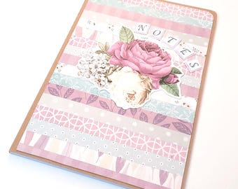 Mosaic Journal/Pastel Mauve and Teal Striped Journal with Flowers - Notes/Altered Skinny Notepad/Journal/Writing Tablet