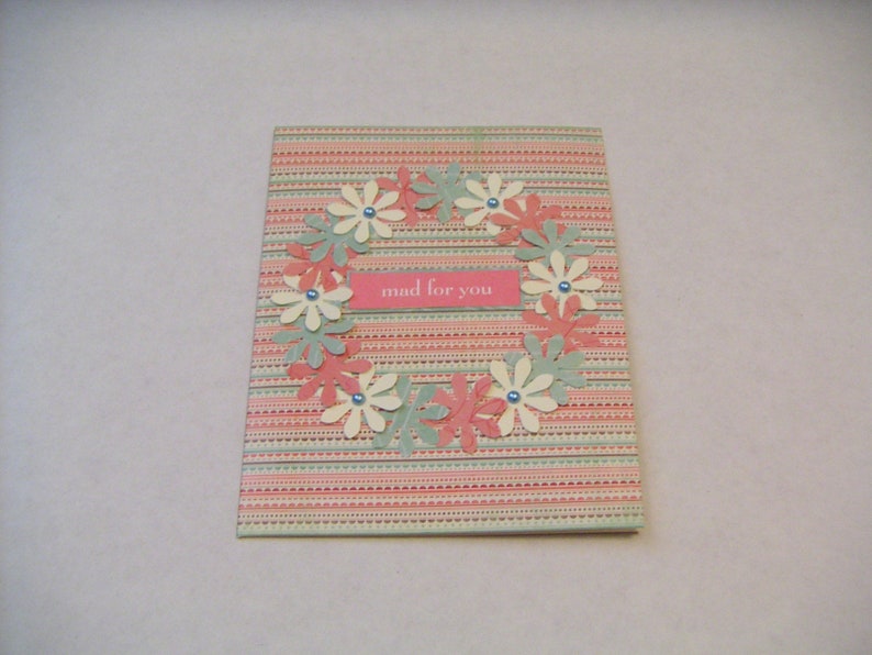 Handmade Any Occasion Greeting CardGreen Pink and Ivory Striped Notecard with Paper Flower WreathMad for You