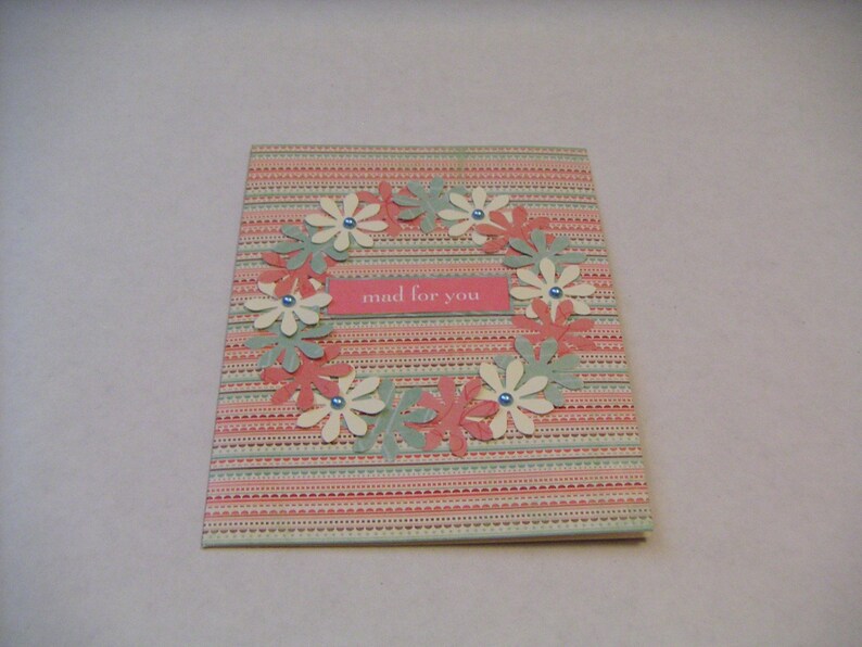 Handmade Any Occasion Greeting CardGreen Pink and Ivory Striped Notecard with Paper Flower WreathMad for You