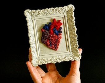 Anatomical Heart sculpture Mini Frame. Valentine Punchneedle Fiber Art. Home or Office Decor. Heart Surgeon. Wedding Anniversary Gift